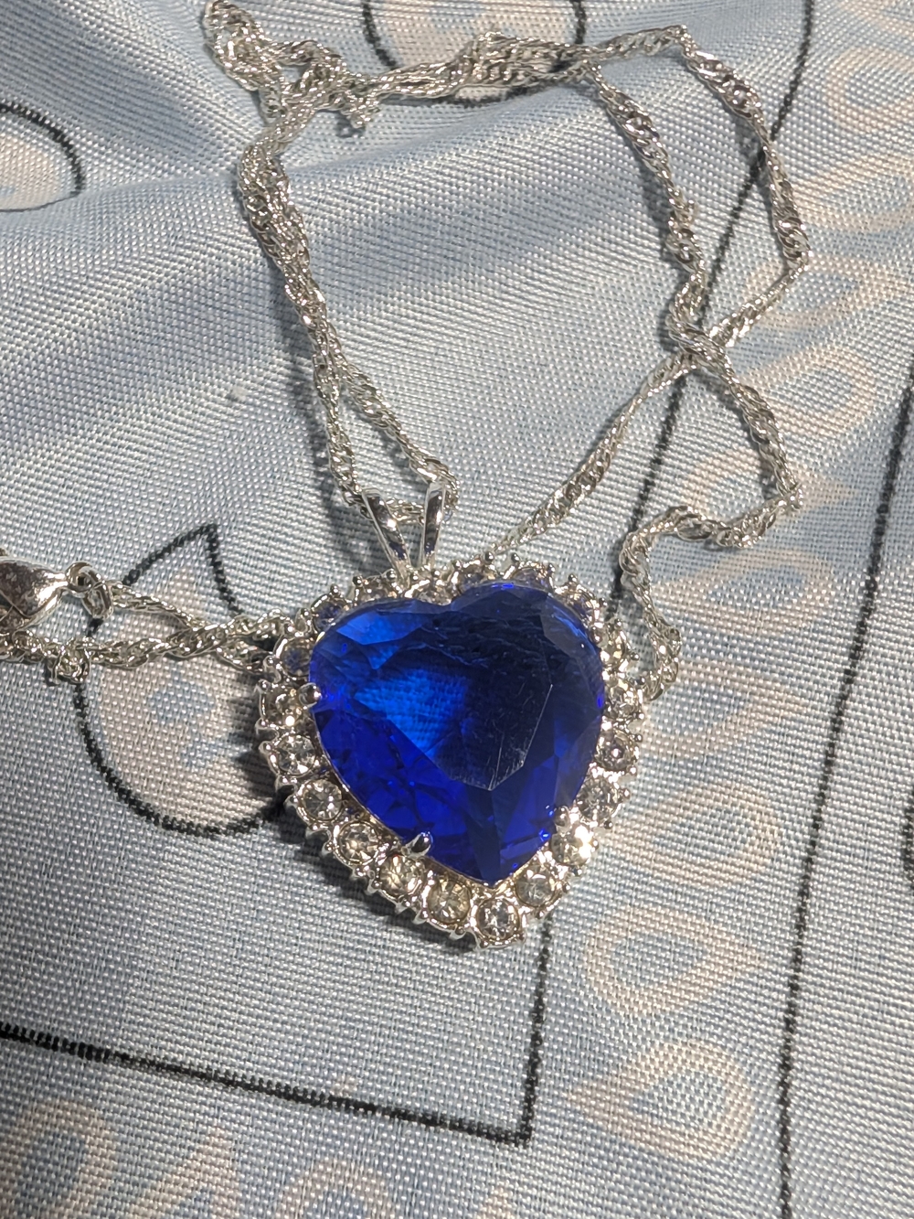 Heart Pendant Necklace with Deep Blue Crystal and Silver-Tone Chain